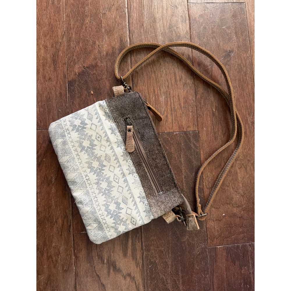 Myra Bag Canvas and Hair-on-Hide Leather Crossbody Bag‎ Tribal Geometric Gray